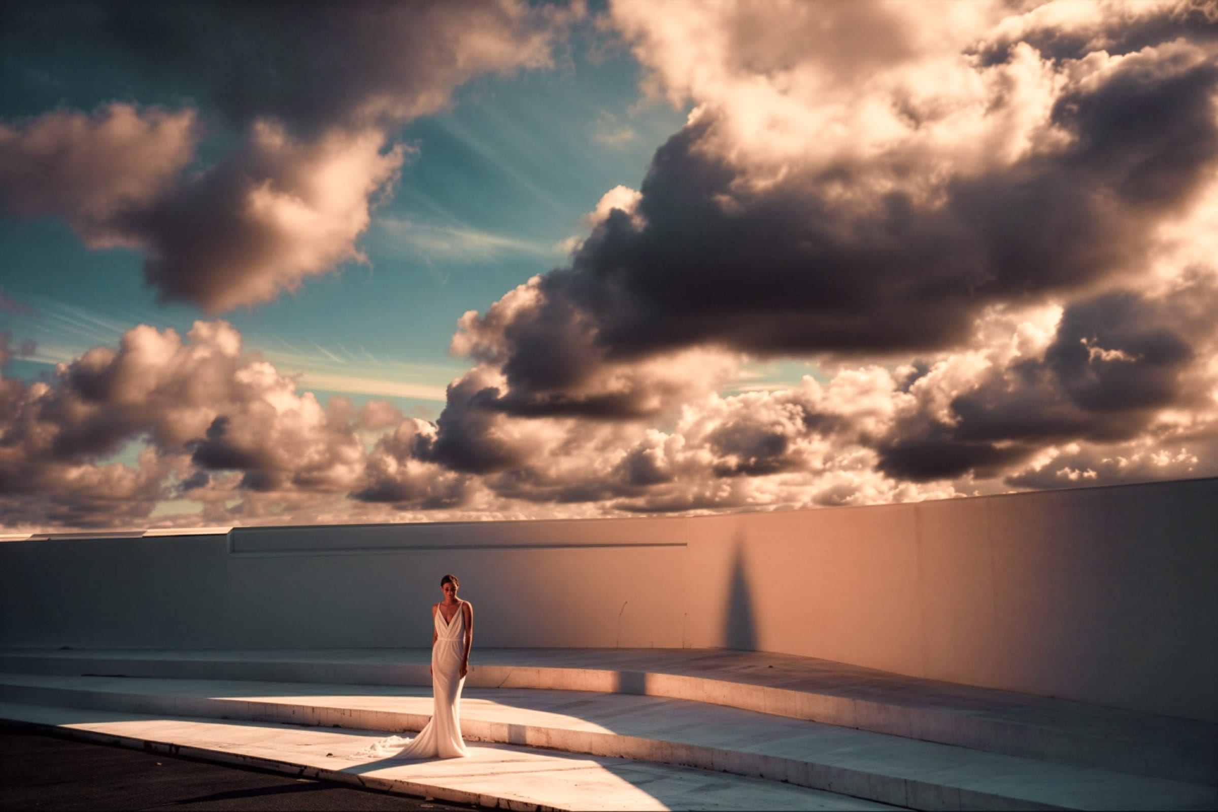 A bride stands in a vast white amphitheatre beneath a towering evening sky — bridal editorial, Cornwall